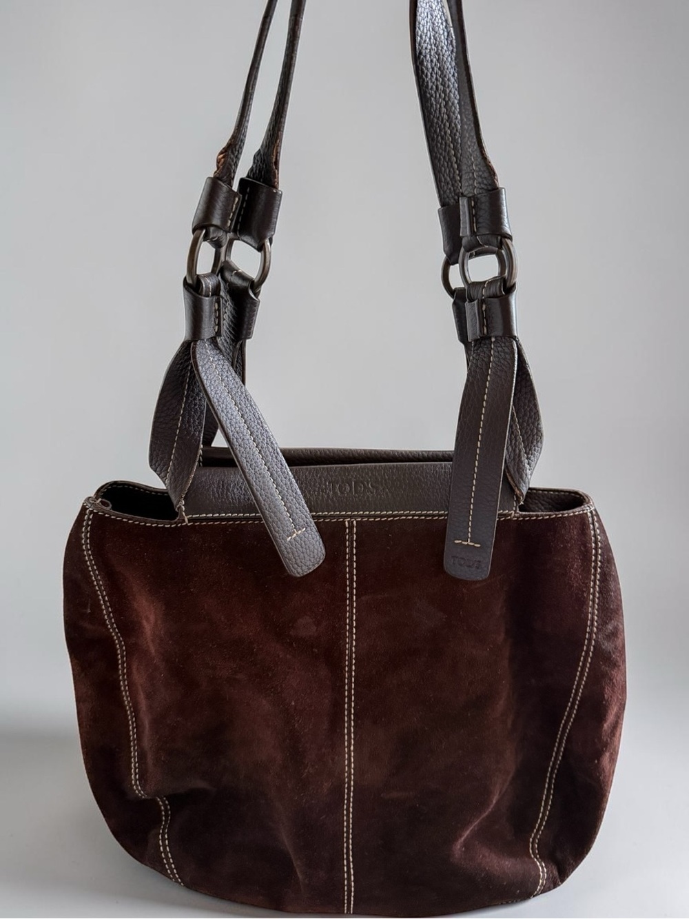 Tod's Vintage Dark Brown Suede Shoulder Bag with Dark Leather Straps